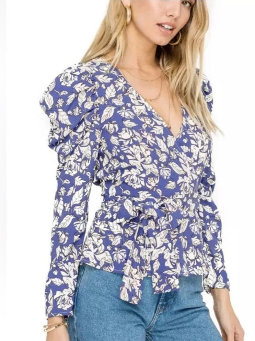 Astr Navy and Ivory Floral Tie-Front Puff Sleeve Top